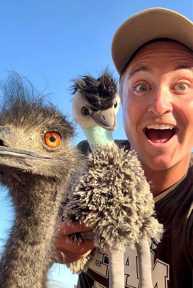 social media influencer corbin with toy ostrich